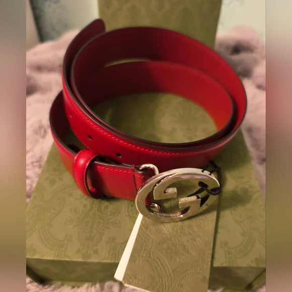 GUCCI BELT BLONDIE GG LOGO Silver BUCKLE RED LEATHER sz 100/ 40-NEW - Picture 4 of 10